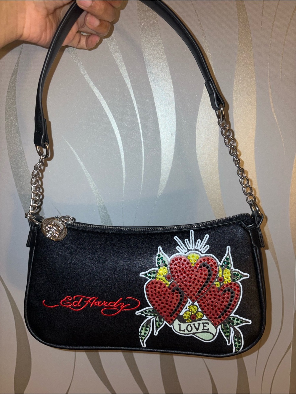 Ed Hardy Black Shoulder Bag with Red Sequin Heart Motif